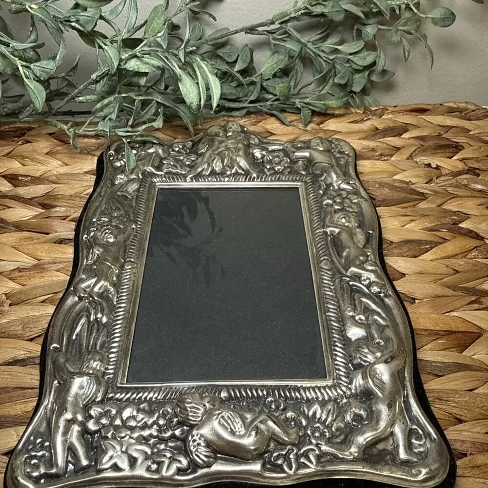Silver Tone Cherub Putti Picture Frame Ornate Rococo 3.5x5 Glass Victorian VTG